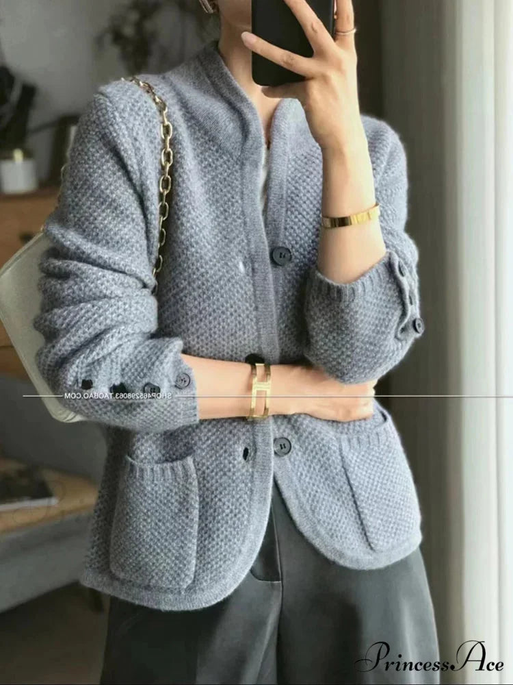 High-end Cashmere Wool Long Sleeve Half Collar Cardigan 2