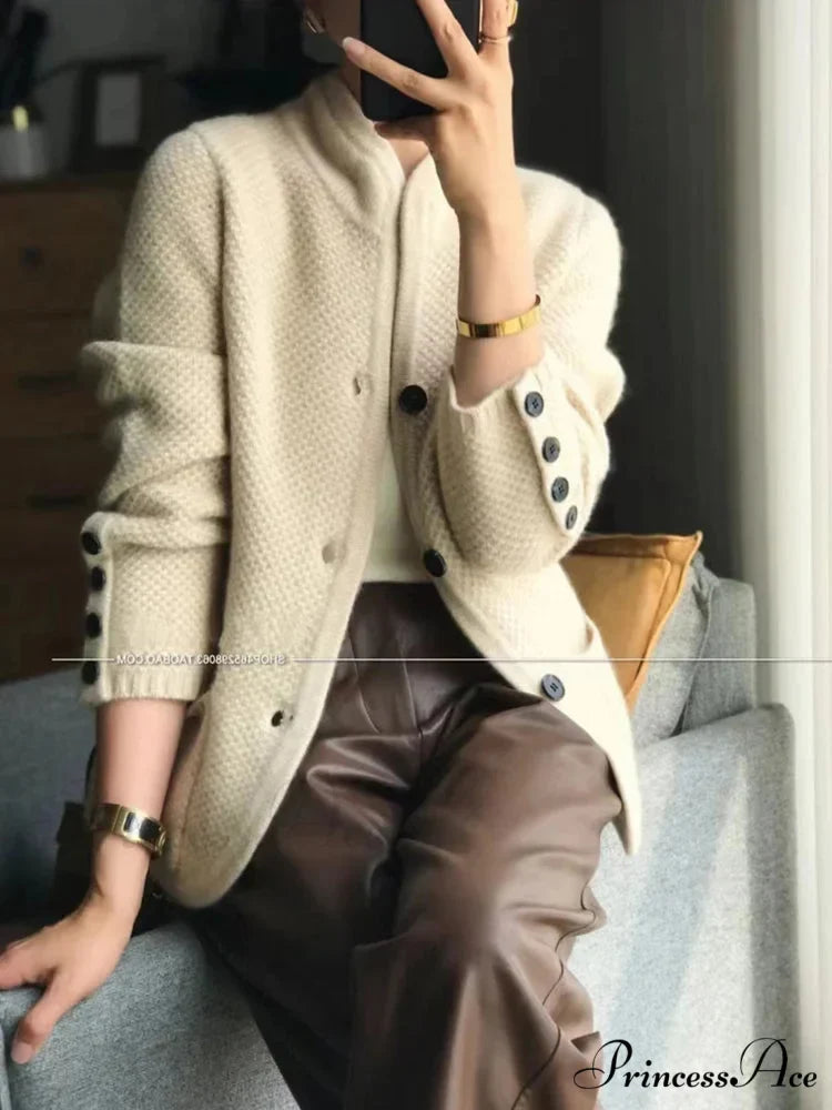 High-end Cashmere Wool Long Sleeve Half Collar Cardigan 3