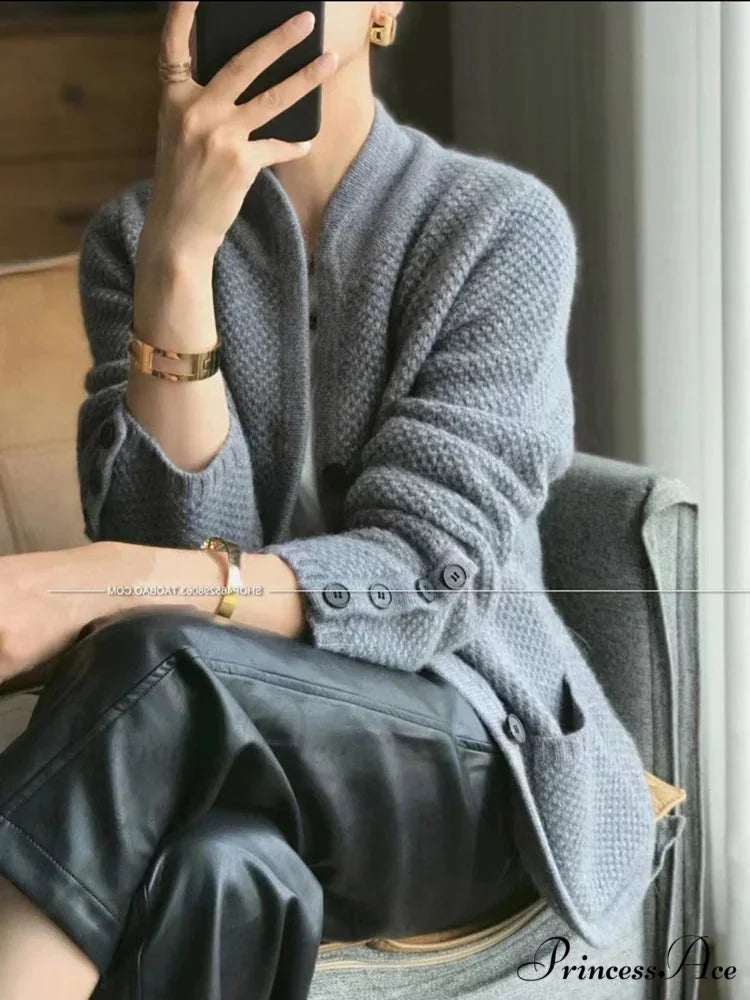 High-end Cashmere Wool Long Sleeve Half Collar Cardigan 5