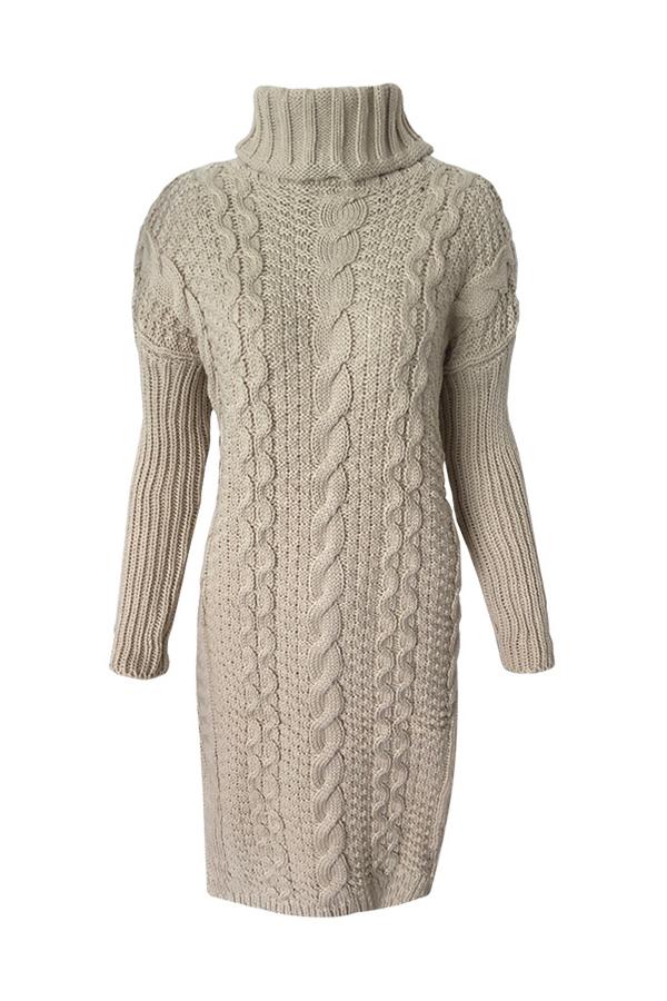 RadyRin High Neck Cable Knit Sweater Dress with Slit Detail