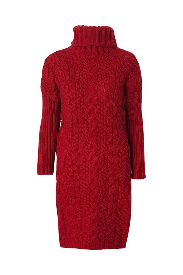 RadyRin High Neck Cable Knit Sweater Dress with Slit Detail