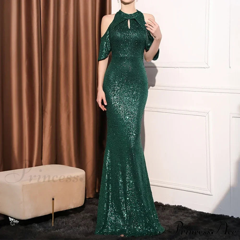 High Neck Mermaid Sequin Party Dress Dark Green / S Partydress-241208