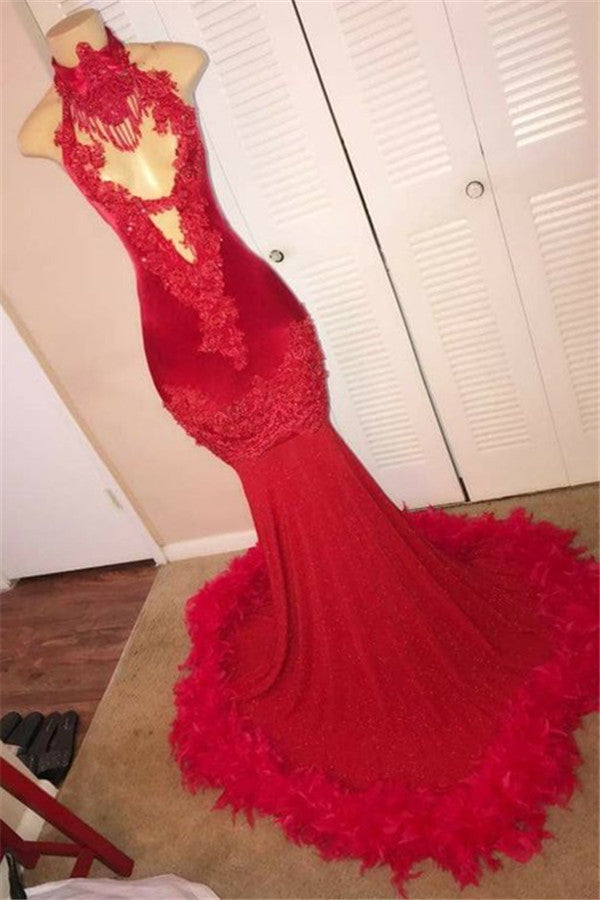 High Neck Red Mermaid Prom Dress With Appliques Feather - Fashionpara