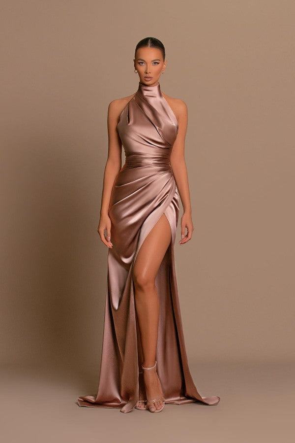 High Neck Sleeveless Prom Dress Mermaid Slit Long - Fashionpara
