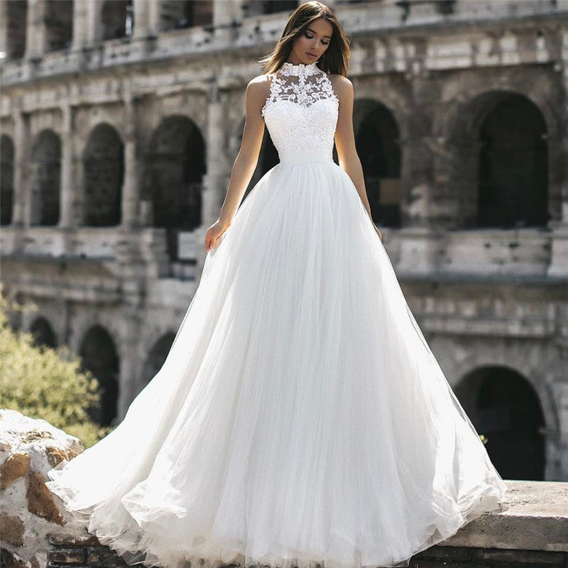High Neck Sleeveless Tulle Wedding Dress Princess Lace Bridal Gowns - Fashionpara