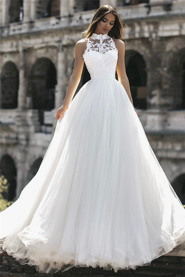 High Neck Sleeveless Tulle Wedding Dress Princess Lace Bridal Gowns - Fashionpara