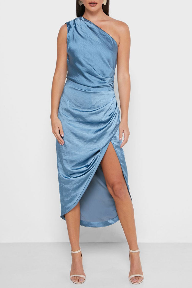 Satin One Shoulder Ruched Wrap High Split Midi Dress