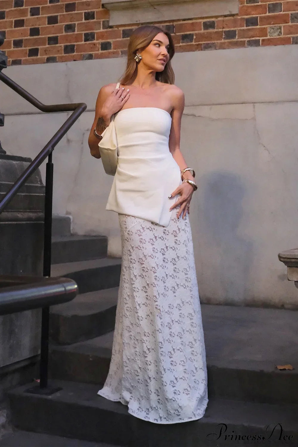 Strapless Peplum Lace Panel Mermaid Maxi Dress