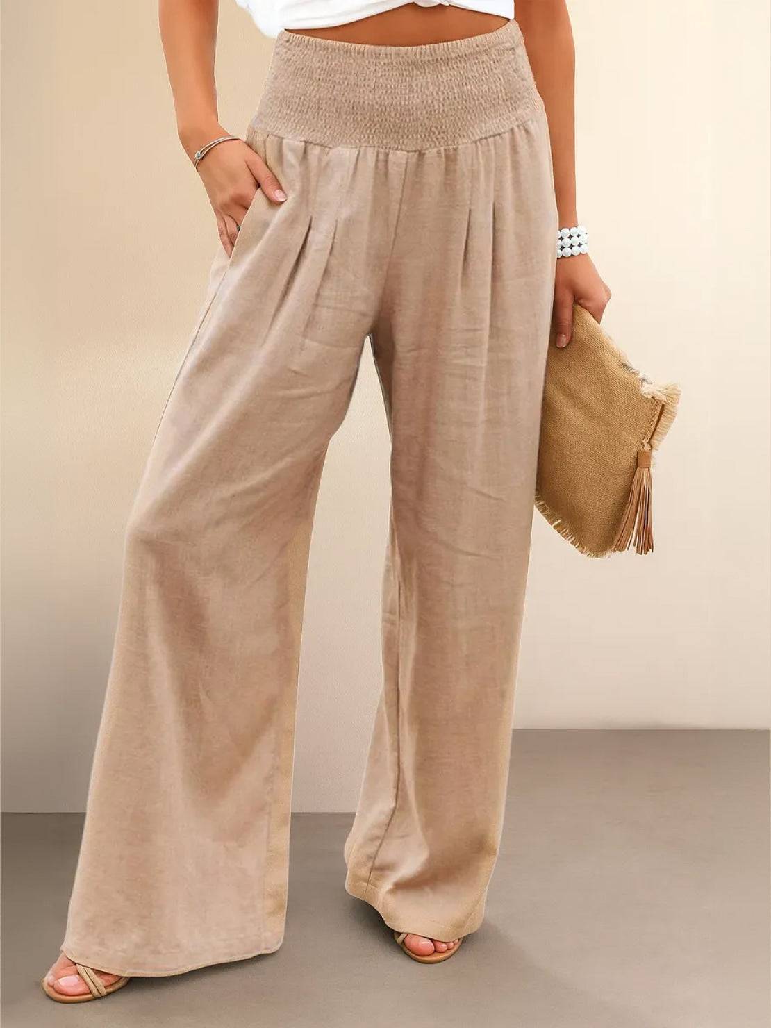 Smocked High Waist Pleated Wide Leg Palazzo Pants 2