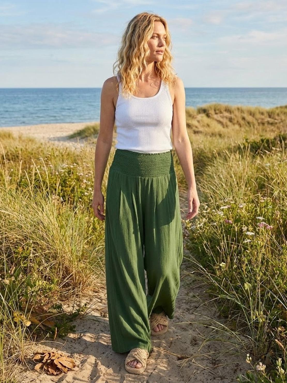 Smocked High Waist Pleated Wide Leg Palazzo Pants 18