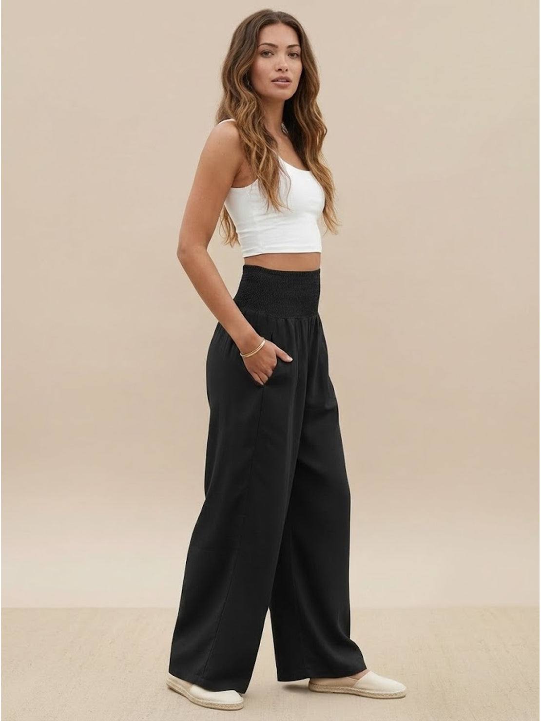 Smocked High Waist Pleated Wide Leg Palazzo Pants 22