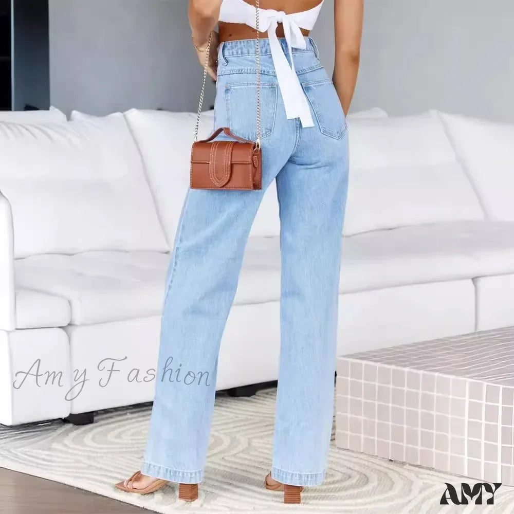 High Waist Loose Fit Wide Leg Button Basics Solid Color Denim Casual Pockets Jean