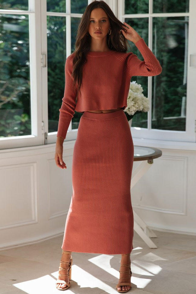 High Waist Rib Long Sleeve Winter Sweater Two Piece Dress - Orange Red 2
