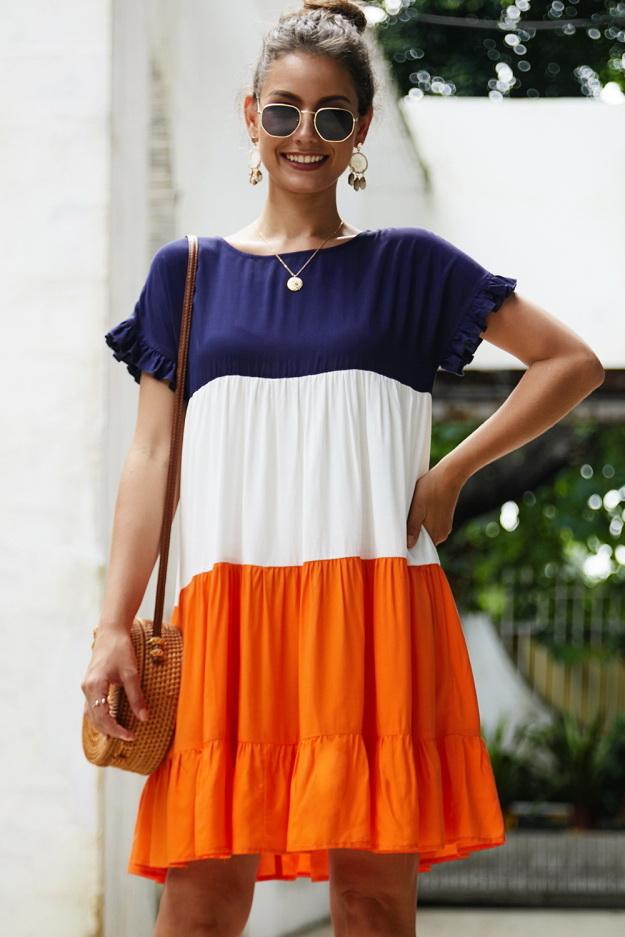 High Waisted Short Sleeve A-Line Dress