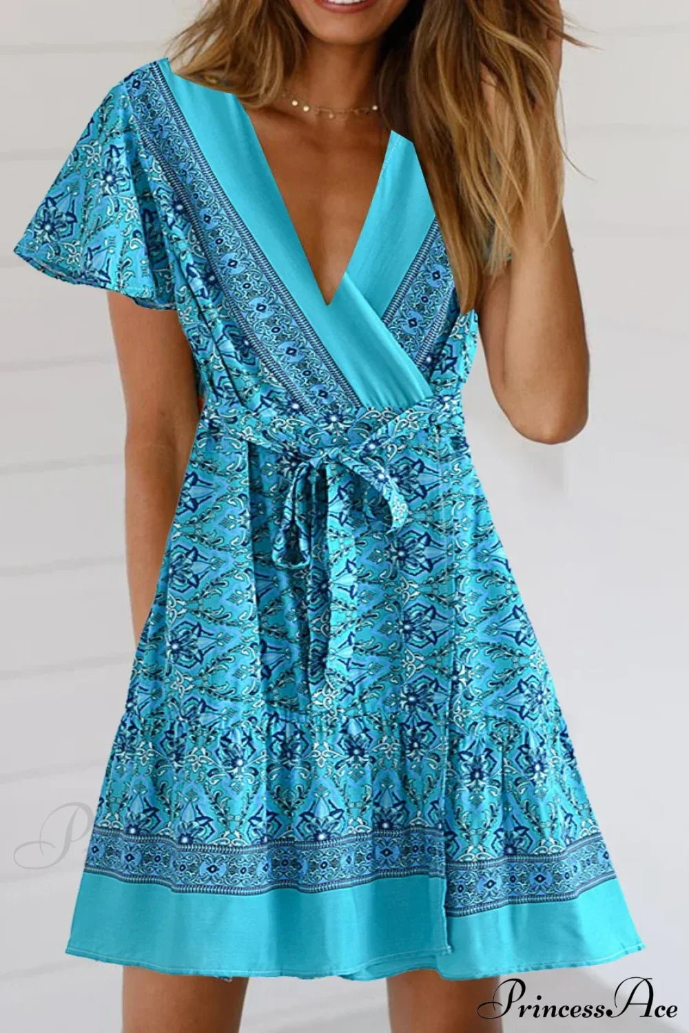 Hippie Floral Print Sashes Boho Dress Blue / S bohodress-250126