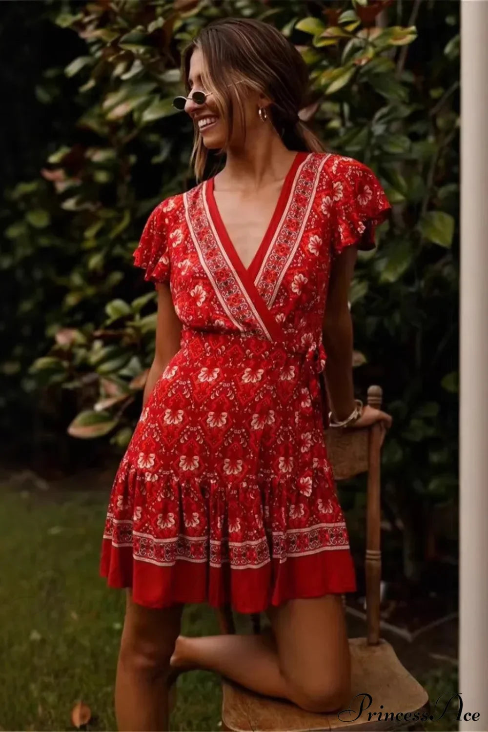 Hippie Floral Print Sashes Boho Dress Red / S bohodress-250126