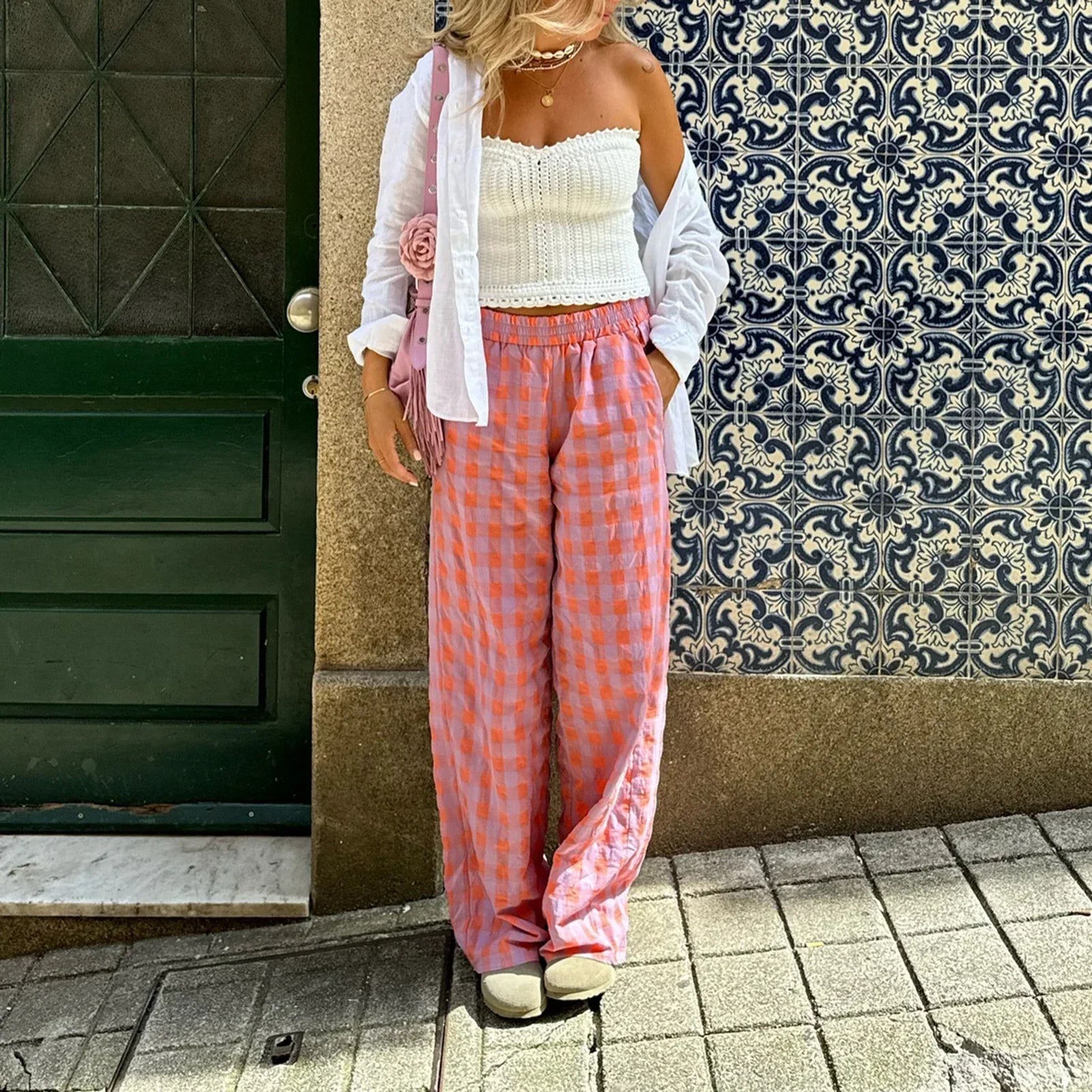 Vintage Plaid Loose Wide Leg Boho Palazzo Pant