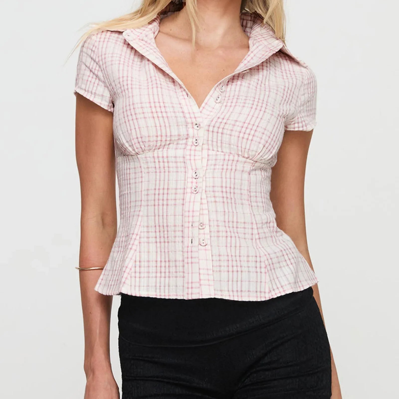 Y2K Plaid Button Down Short Sleeve Blouse