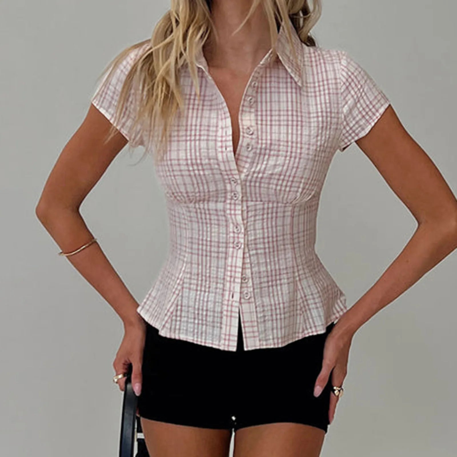 Y2K Plaid Button Down Short Sleeve Blouse