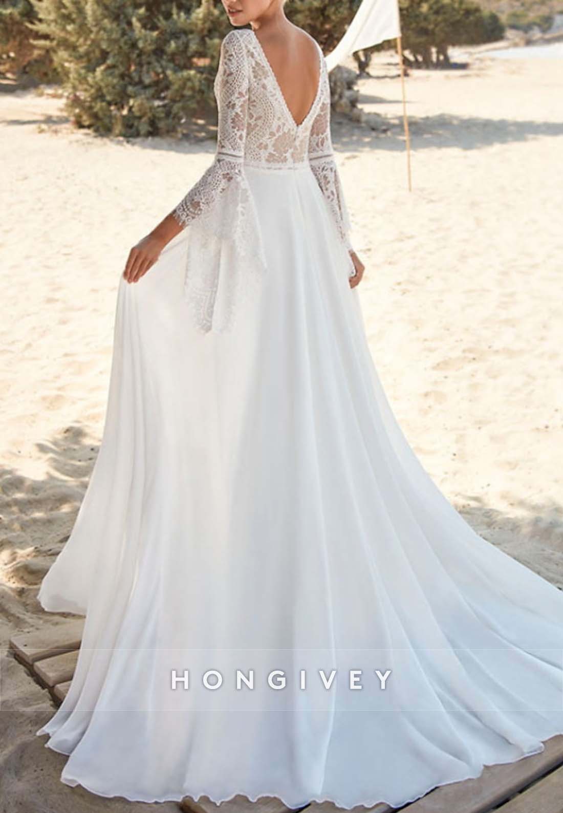 V Back Pleated Lace Sweep Train V Neck Flutter Sleeves Boho Wedding Dresses