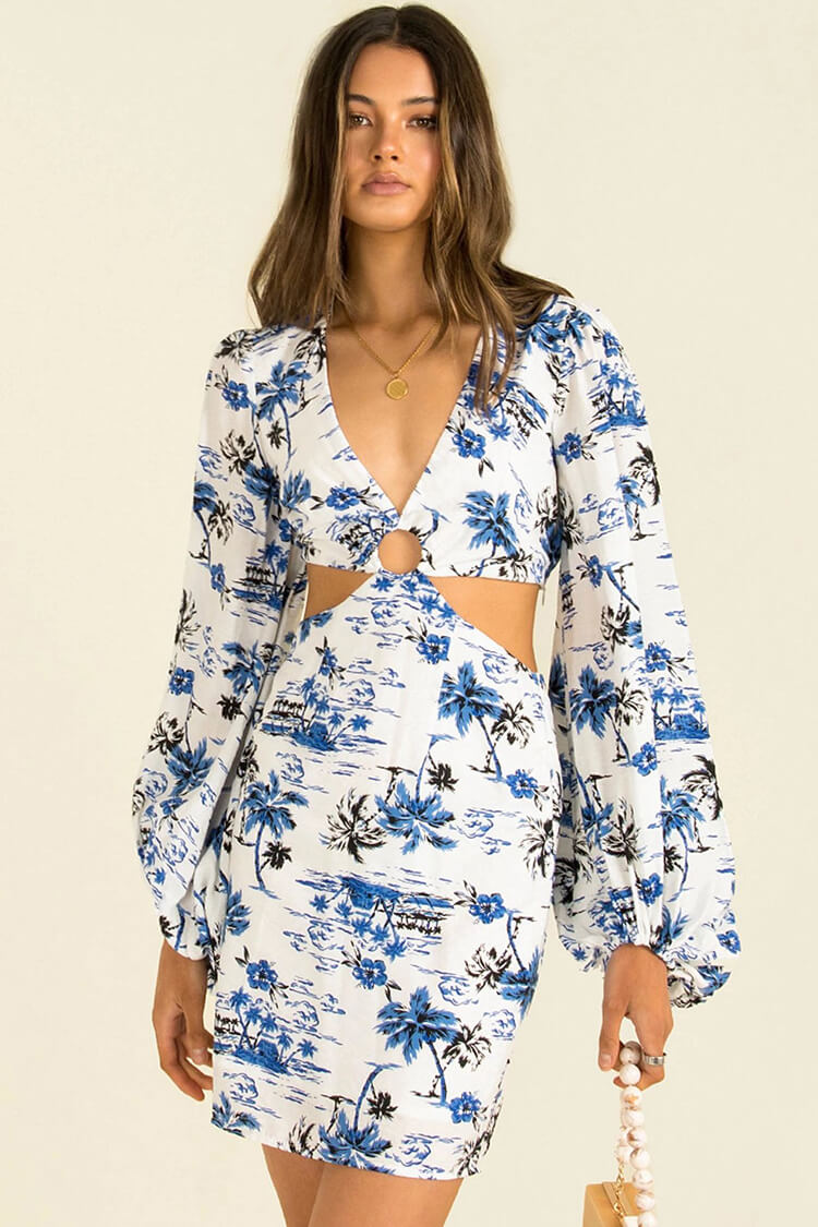 Tropical Print V Neck Long Sleeve Cutout Mini Dress