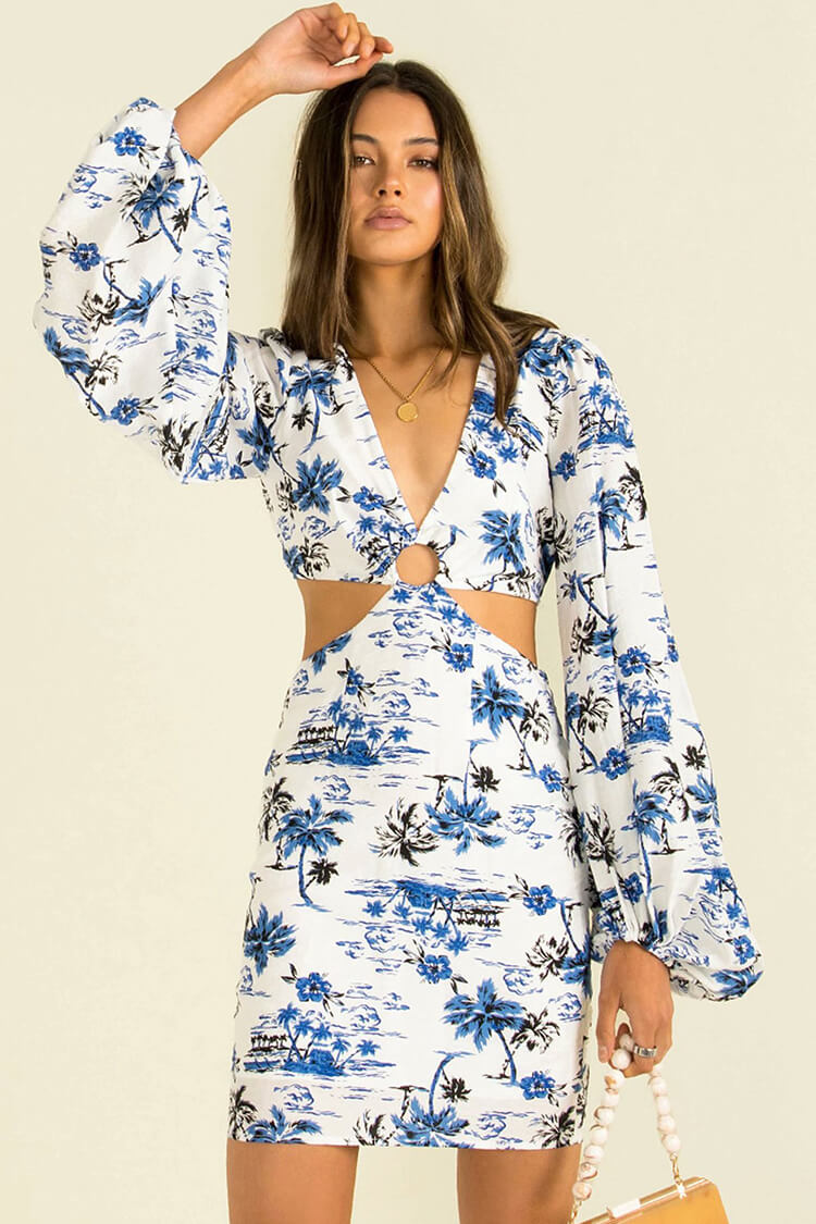 Tropical Print V Neck Long Sleeve Cutout Mini Dress 2