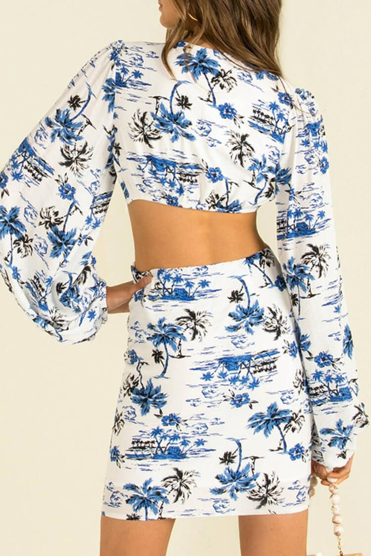 Tropical Print V Neck Long Sleeve Cutout Mini Dress 4