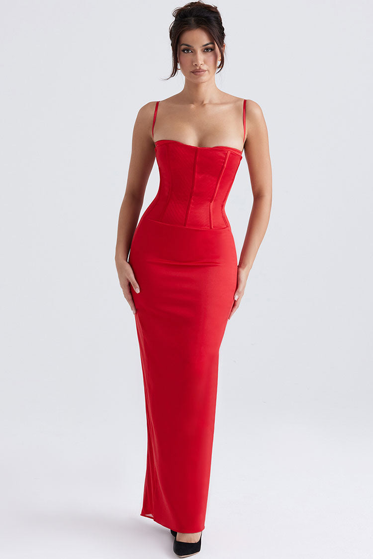 Satin Spaghetti Strap Sweetheart Corset Bodycon Maxi Dress - View 3