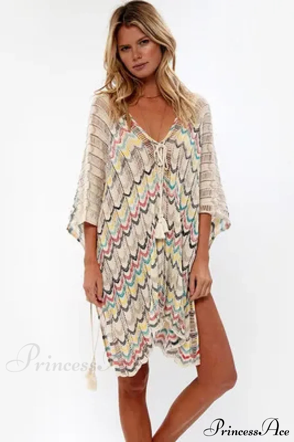 Hollow Deep V-neck Lace Up Tunic Mini Dress Beige / One Size bohodress-250126