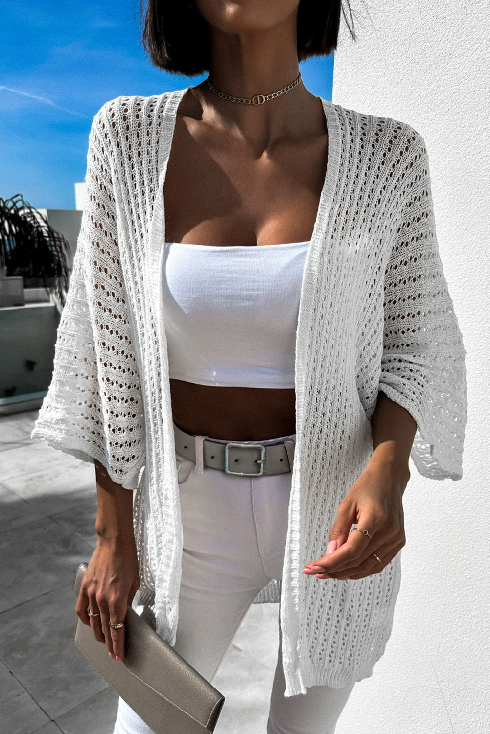 Hollow-out Knit Kimono Lightweight Cardigan  Fashionpara