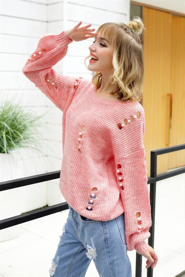 Hollow Out Pearls Pullover