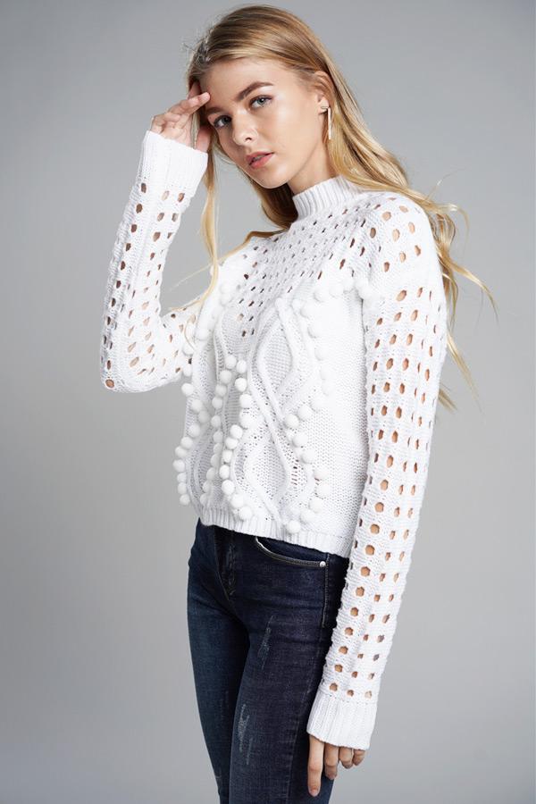 RadyRin Hollow Out Pompom Knitting Sweater for Elegance