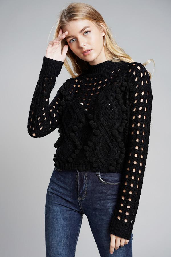 RadyRin Hollow Out Pompom Knitting Sweater for Elegance