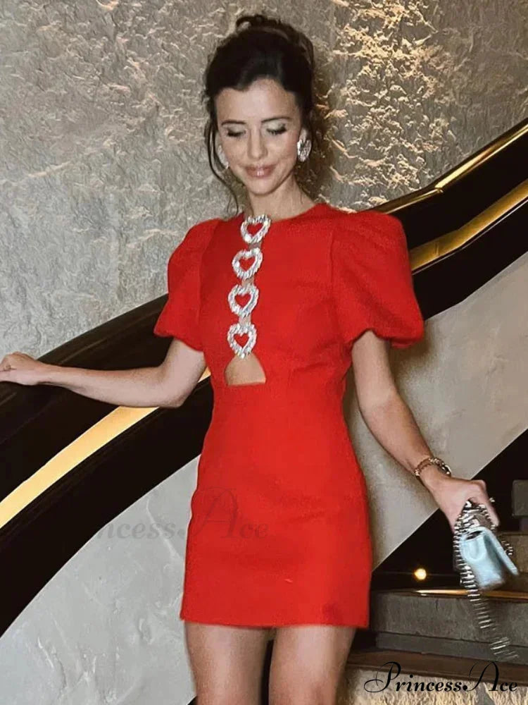 Hollow Out Slim Mini Puff Sleeve Red Christmas Party Dress / S Dresses-L