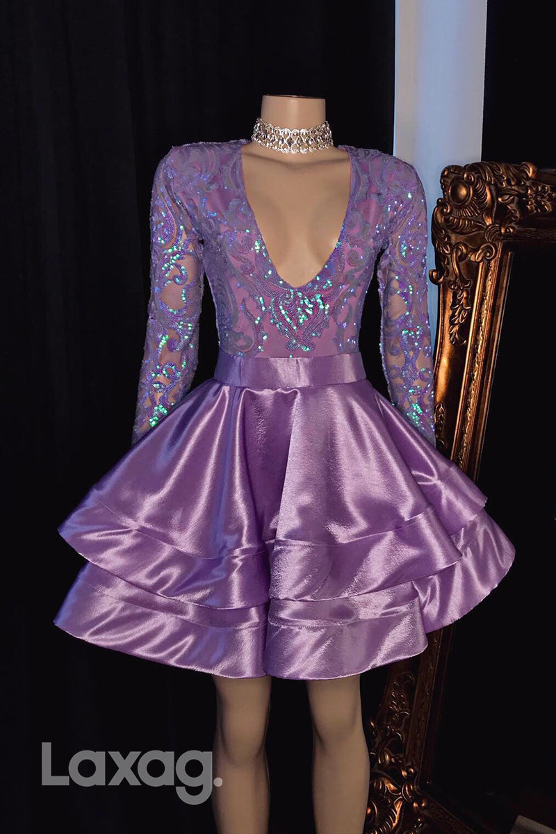 Purple Low V-Neck Glitter Ruched Sequined Homecoming Dress - Fashionpara