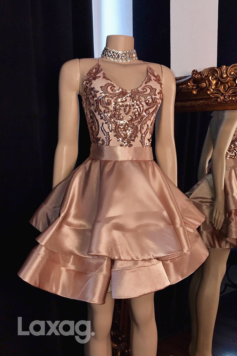 V-Neck Glitter Ruched Sequined Tiered Homecoming Dress - Fashionpara