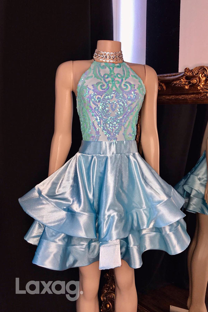 High Neck Glitter Ruched Sequined Tiered Homecoming Dress - Fashionpara