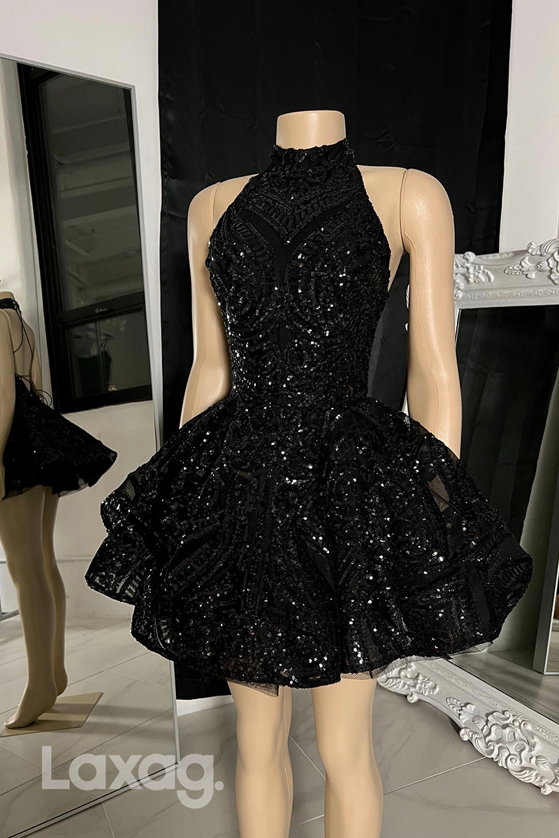 13154 - Black High-Neck Glitter Sequined Lace Tiered Homecoming Dress - Fashionpara