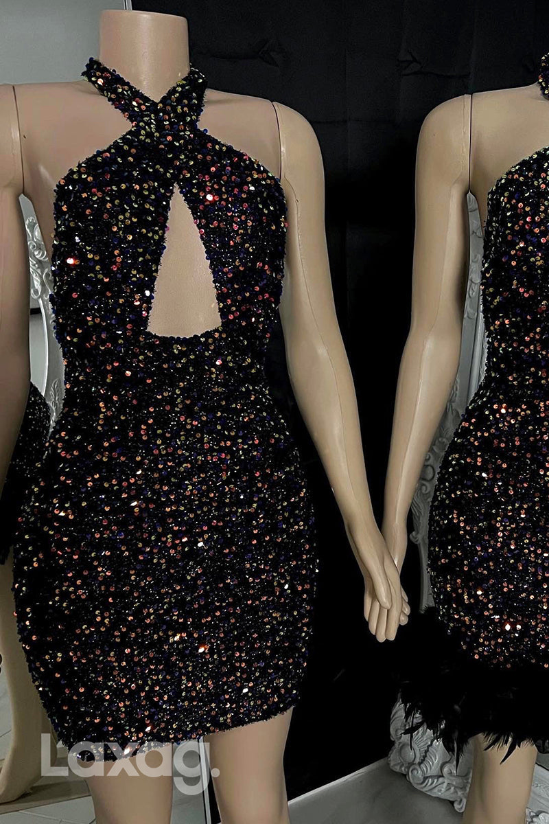 Black Detachable Feathers Glitter Halter Cut Outs Homecoming Dress - Fashionpara