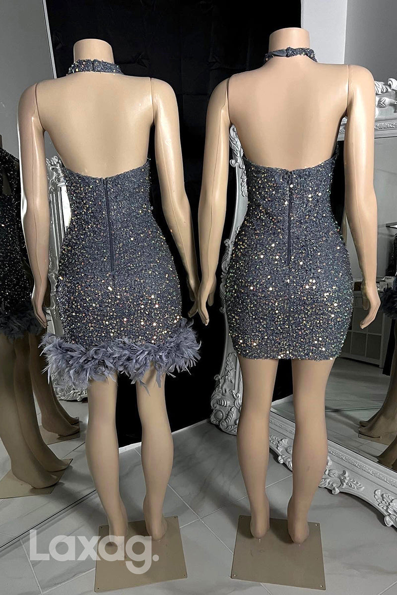 Black Detachable Feathers Glitter Halter Cut Outs Homecoming Dress - Fashionpara