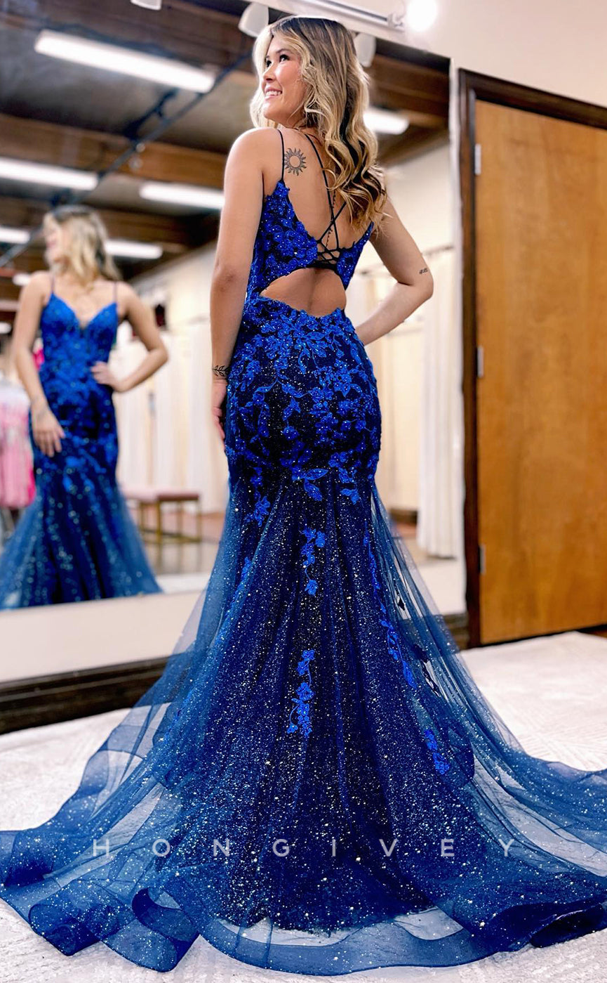 L0886 - Two Tone Plunging Neck Crisscross Back Trumpet Dress - Fashionpara