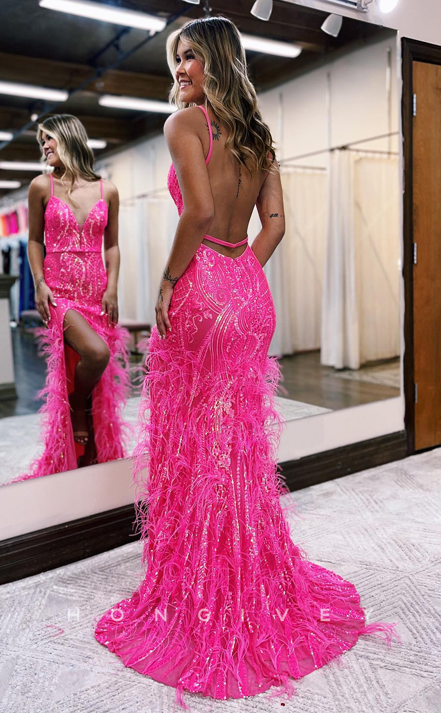 L0889 - Feathered Plunging Illusion Backless Sheath Gown - Fashionpara