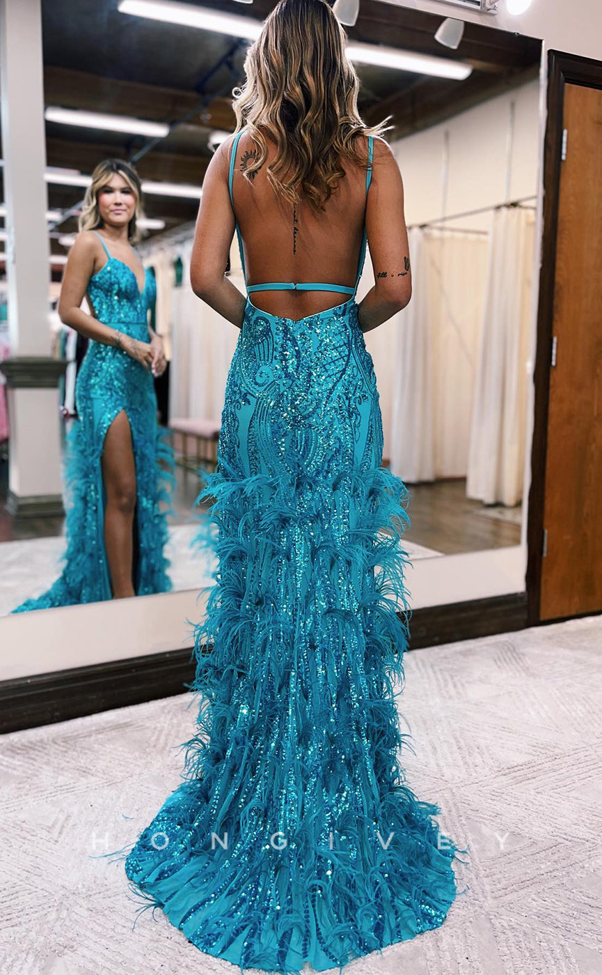 L0889 - Feathered Plunging Illusion Backless Sheath Gown - Fashionpara