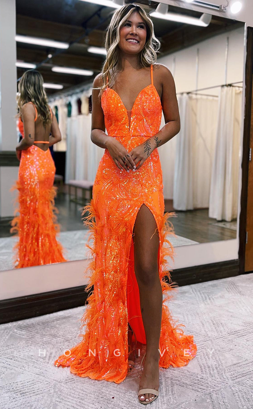 L0889 - Feathered Plunging Illusion Backless Sheath Gown - Fashionpara
