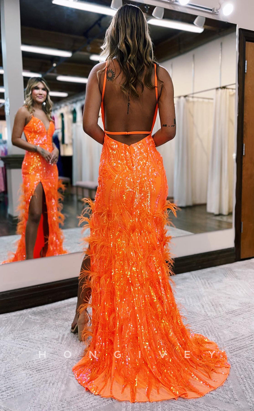 L0889 - Feathered Plunging Illusion Backless Sheath Gown - Fashionpara