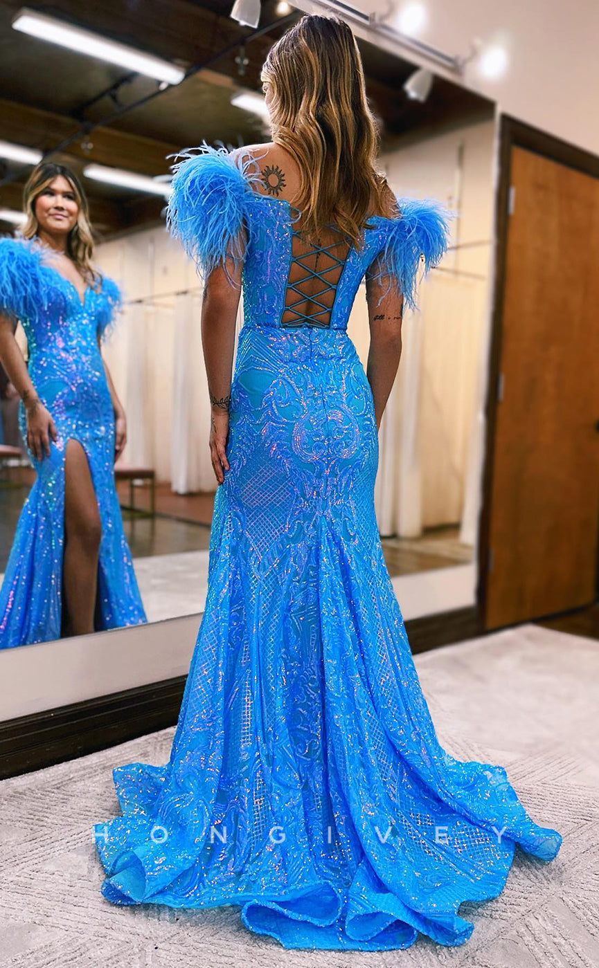 L0891 - V-Neck Feathered Mesh Corset Dress With Side Slit - Fashionpara
