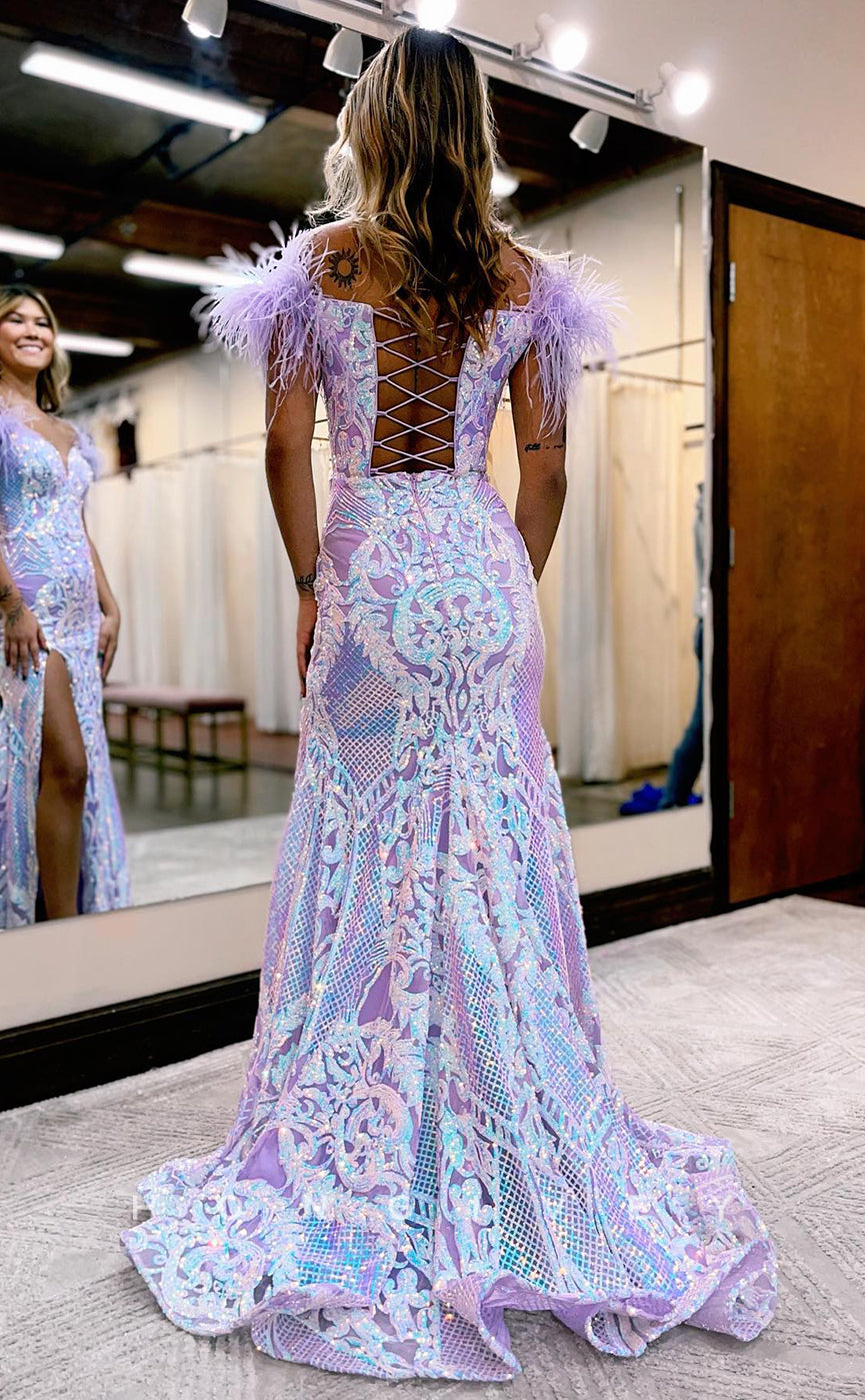 L0891 - V-Neck Feathered Mesh Corset Dress With Side Slit - Fashionpara