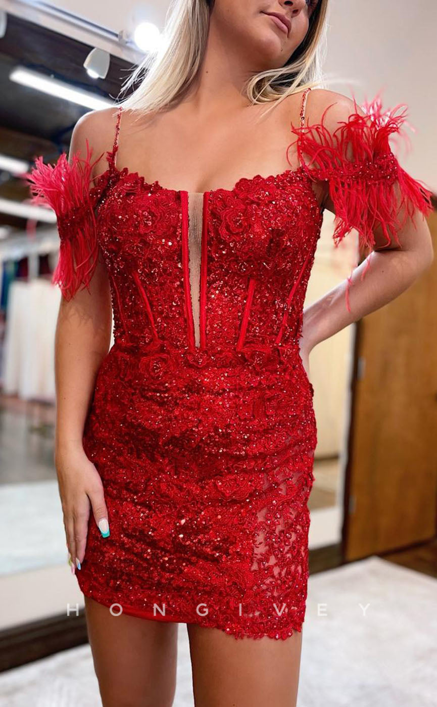 H1839 - Sexy Fitted Sequined Feathered Short Homecoming Dress - Fashionpara
