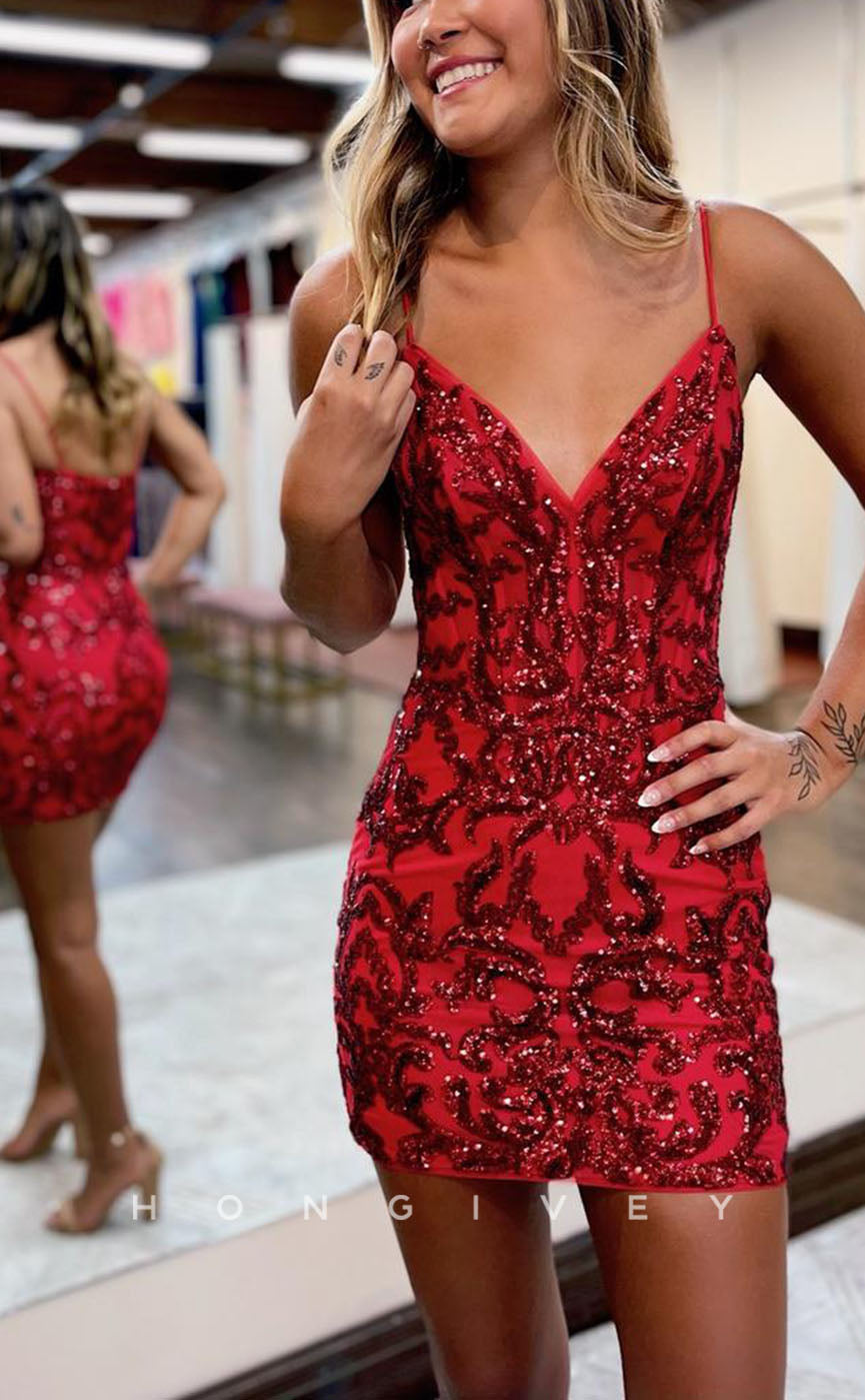 H1824 - Sheath/Column V neck Short Homecoming Dress Tight Pageant Dress - Fashionpara