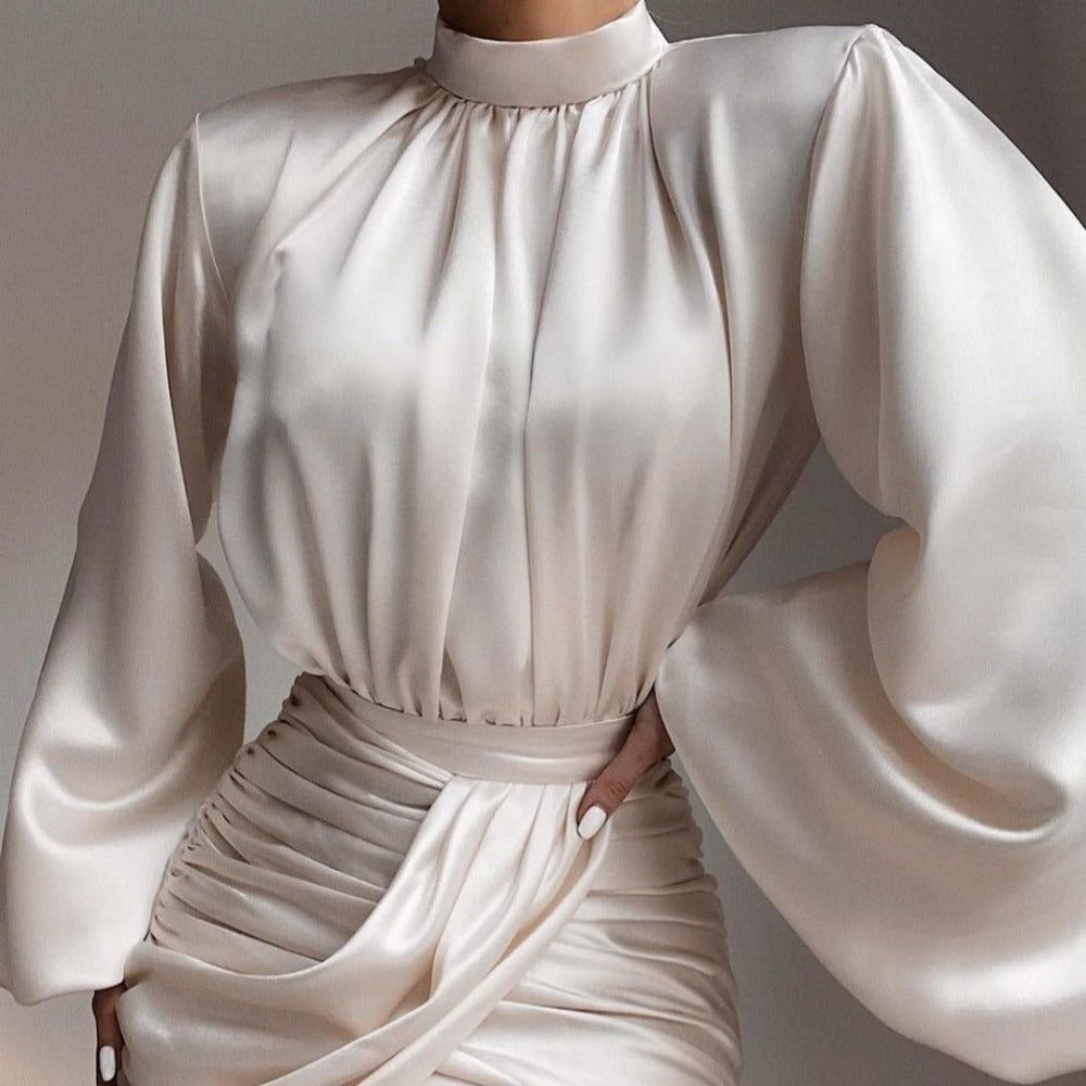 Monaco Ruched Puff Sleeve Satin Mini Dress